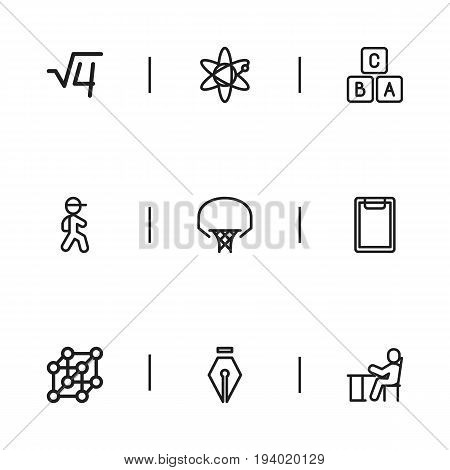 Set Of 9 Editable Science Icons. Includes Symbols Such As A B C, Inkpen, Basketball And More. Can Be Used For Web, Mobile, UI And Infographic Design.