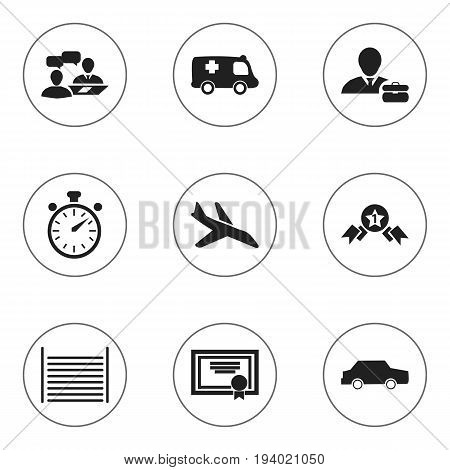 Set Of 9 Editable Complicated Icons. Includes Symbols Such As Car, Plane, Achievement And More. Can Be Used For Web, Mobile, UI And Infographic Design.