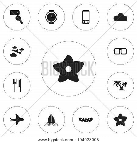 Set Of 12 Editable Trip Icons. Includes Symbols Such As Tree, Eyeglasses, Entrance And More. Can Be Used For Web, Mobile, UI And Infographic Design.