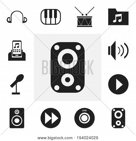 Set Of 12 Editable Song Icons. Includes Symbols Such As Timpano, Audio Bass, Earpiece And More. Can Be Used For Web, Mobile, UI And Infographic Design.
