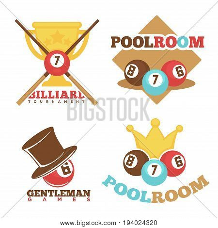 Billiard or pool club and gentleman poolroom logo templates set. Vector flat isolated icons of pool gaming cues and balls with numbers and winner cup for sport team or championship tournament