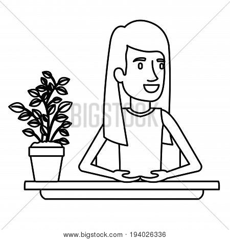 black silhouette closeup half body woman assistant in desk with straight long redhair vector illustration