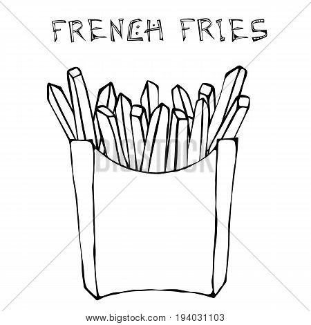 French Fries in Paper Box. Fried Potato Fast Food in a Package. Realistic Hand Drawn Doodle Style Sketch. Vector Illustration Isolated On a White Background.