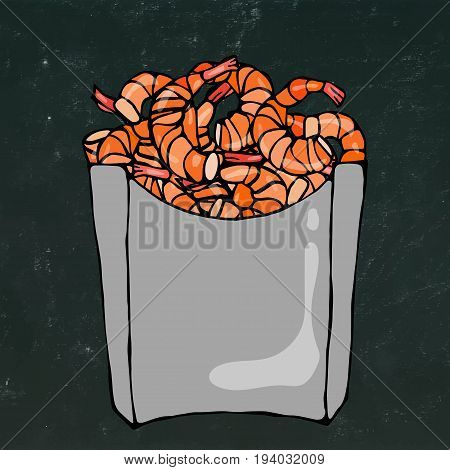 Cooked Shrimps in Paper Box. Sea Fast Food in Package. Vector Illustration Isolated on a Black Chalkboard Background. Realistic Hand Drawn Doodle Style Sketch.
