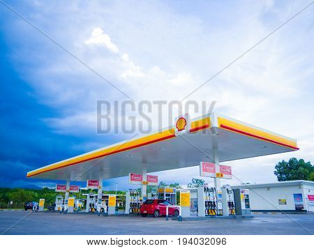 Nakhon Si Thammarat Thailand - July 2 2017: Shell gas station blue sky background. Royal Dutch Shell sold its Australian Shell retail operations to Dutch company Vitol in 2014
