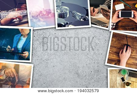 Business and entrepreneurship photo collage over gray concrete background