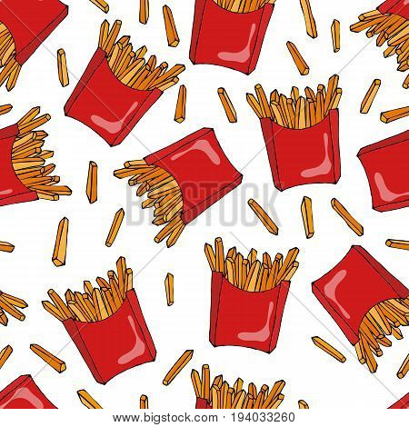 Crispy french fries seamless pattern with red paper boxes of fried potato. Realistic Hand Drawn Doodle Style Sketch. Vector Illustration Isolated On a White Background.