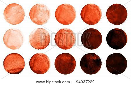 Set Of Burgundy, Brown, Dark Red, Sienna, Rufous, Maroon Watercolor Circles Isolated On White.