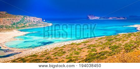 View Of The Beautiful Beach In Balos Lagoon And Gramvousa Island On Crete Greece.