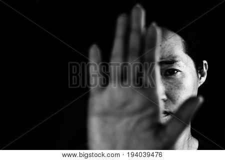 Woman Behind Palm Of Hand, Stop Bullying In White Tone, Abuse Concept