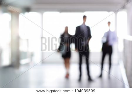 Blurred business people standing in building hall can be used as abstract background