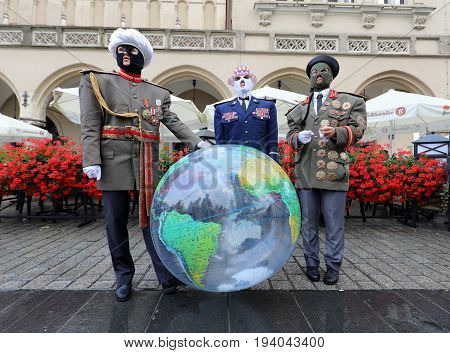 CRACOW POLAND - JULY 5 2017: 30th Street - International Festival of Street Theaters in Cracow Poland. An Odyssey Towards New Shores - a street parade