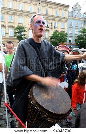 CRACOW POLAND - JULY 5 2017: 30th Street - International Festival of Street Theaters in Cracow Poland. An Odyssey Towards New Shores - a street parade