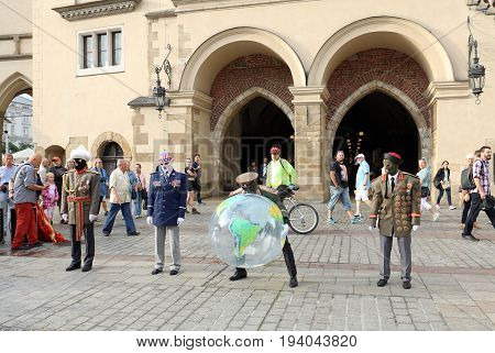 CRACOW POLAND - JULY 5 2017: 30th Street - International Festival of Street Theaters in Cracow Poland. An Odyssey Towards New Shores - a street parade