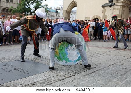 CRACOW POLAND - JULY 5 2017: 30th Street - International Festival of Street Theaters in Cracow Poland. An Odyssey Towards New Shores - a street parade