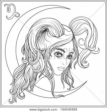 Capricornus. A young beautiful girl In the form of one of the signs of the zodiac.  Outline hand drawing coloring page for adult coloring book. Stock line vector illustration.