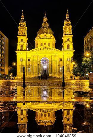 BUDAPEST HUNGARY - MAY 5: St. Stephen's Basilica at night on May 5 2017
