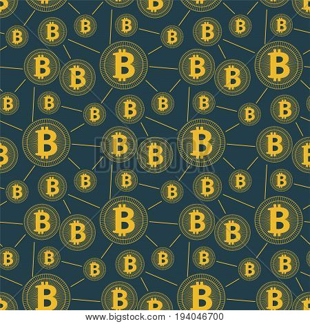Seamless gold Bitcoin pattern cryptocurrency with lines on a dark background