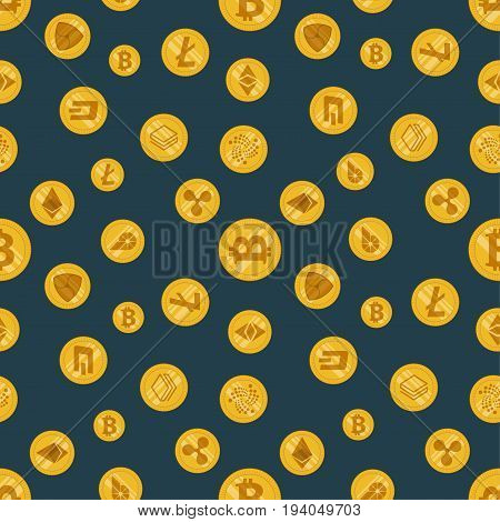 Seamless pattern different cryptocurrency flat icon on a dark background