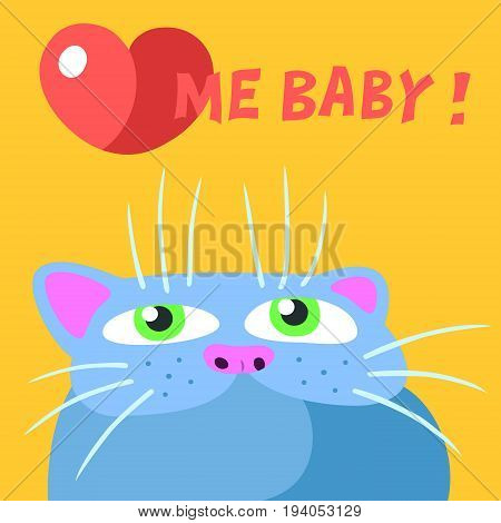 Love the Cat! Valentine's Day. Funny Cartoon Cool Character. Flat Digital Drawing Cute Character. Yellow Background. Cheerful Fur Pet for Postcard Web Icons and Shirt. Vector Illustration.