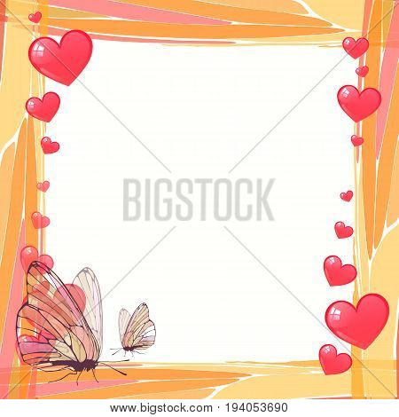 Photo frame summer. Vector illustration for your design. Mosaic elements and butterflies with hearts. Square sheet orientation