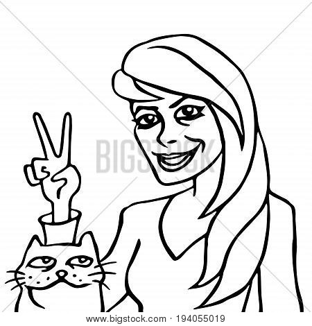She and her cat. funny cartoon characters. vector illustration.