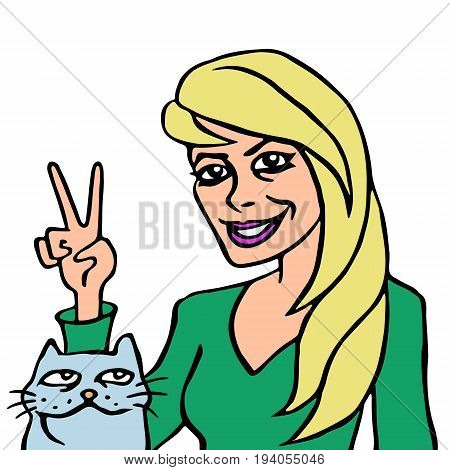 She and her cat. funny cartoon characters. vector illustration.