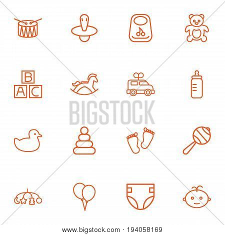 Set Of 16 Kid Outline Icons Set.Collection Of Nipple, Drum, Pyramid And Other Elements.