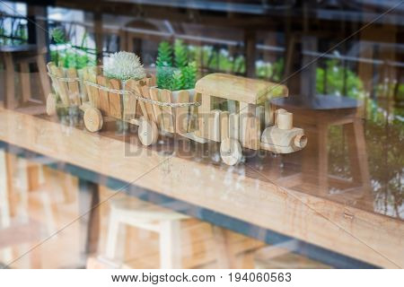 Wooden toy decorated on table stock photo