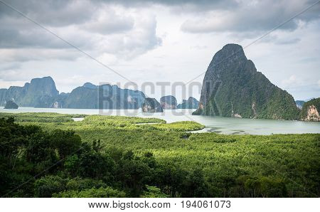 Panorama view of island inside sea near green beach called 'Samet Nangshe' which is attractive place in Phang Nga of Thailand.