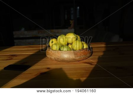 Healthy Green Food With Apples On Wood Plates Desk Background Mock Up