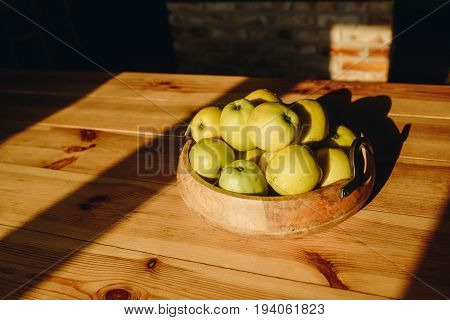 Healthy Green Food With Apples On Wood Plates Desk Background Mock Up