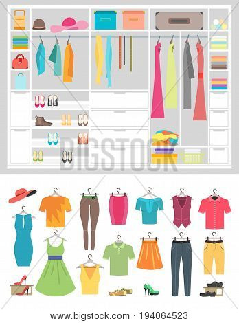 Cartoon Fashion Wardrobe Woman Modern Clothes, Shoes and Bags and Element Part Set Flat Design Style. Vector illustration