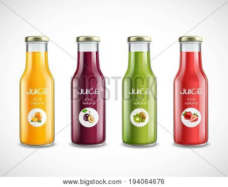 Set of glossy glass bottles with natural fruit juice from orange, plum, kiwi, strawberry isolated vector illustration