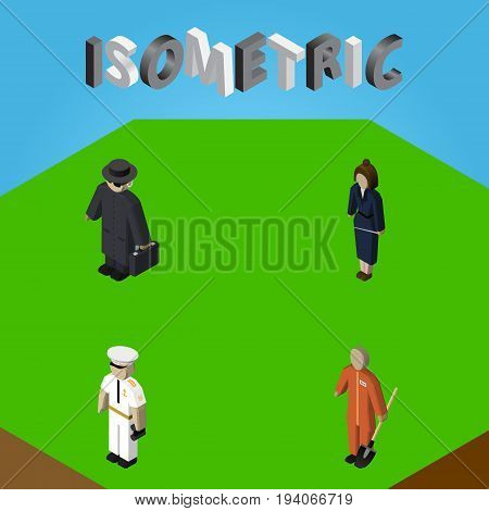 Isometric Person Set Of Cleaner, Detective, Businesswoman And Other Vector Objects. Also Includes Mariner, Laborer, Worker Elements.
