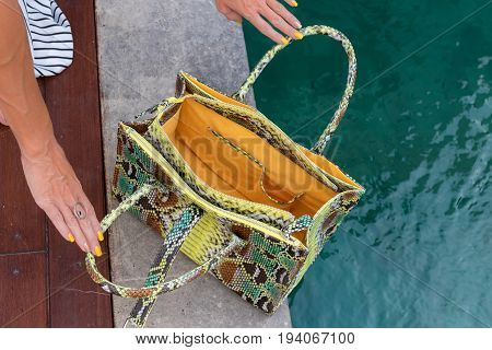 Fashionable woman holding luxury snakeskin python bag. Elegant outfit. Close up of purse in hands of stylish lady. Model posing near the swimming pool.