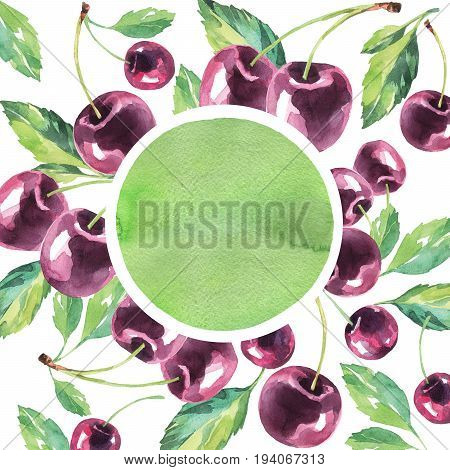Hand painted cherry frame. Watercolor vintage summer background. Original hand drawn illustration. Healthy food design. Bright tasty texture.