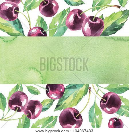 Hand painted cherry frame. Watercolor vintage summer background. Original hand drawn illustration. Healthy food design. Bright tasty texture.