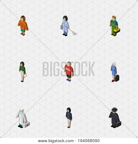Isometric People Set Of Housemaid, Hostess, Lady And Other Vector Objects. Also Includes Technician, Girl, Hippie Elements.