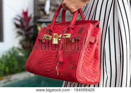 Fashionable woman holding luxury snakeskin python bag. Elegant outfit. Close up of purse in hands of stylish lady. Model posing near the swimming pool.