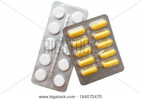 Medicine pills packed in blisters isolated Medicine concept