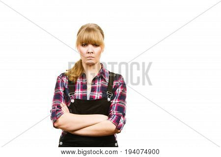 Angry Woman Wearing Dungarees And Check Shirt