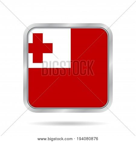 National flag of Tonga. Shiny metallic gray square button with shadow.
