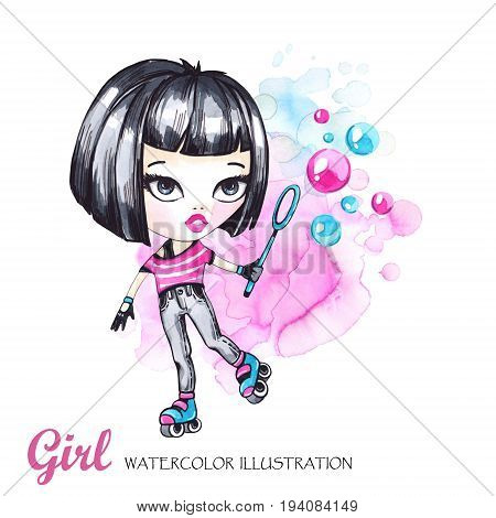 Hand drawn bright illustration. Watercolor card roller girl with bubbles. Teenagers. Have fun. 