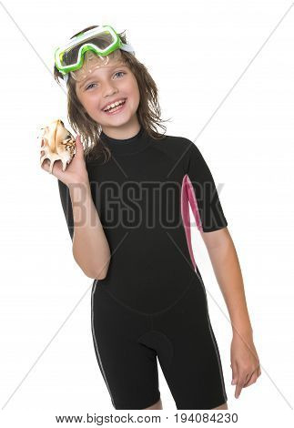 little girl with swim glasses and neoprene