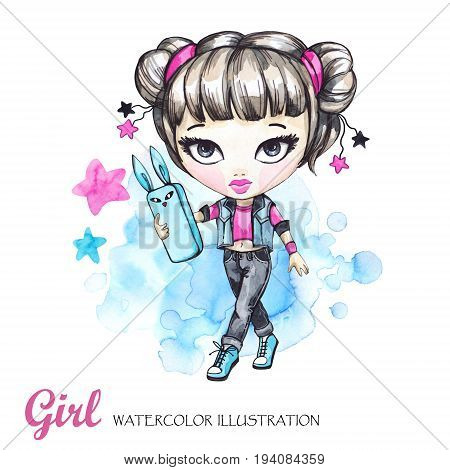 Summer illustration. Watercolor card fashion girl with phone. Teenagers. Have fun.