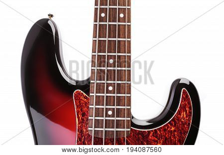 Metallic Volume Treble Guitar Bass Knobs. Electric Guitar. Red Electric Bass Guitar Close-up. Musica