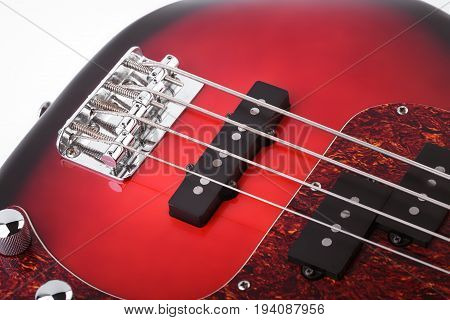 Metallic Volume Treble Guitar Bass Knobs. Electric Guitar. Red Electric Bass Guitar Close-up. Musica