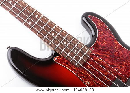 Metallic Volume Treble Guitar Bass Knobs. Electric Guitar. Red Electric Bass Guitar Close-up. Musica