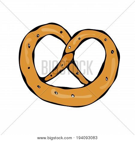 Bavarian Pretzel with Sesame and Salt. Doodle Style Sketch. Vector